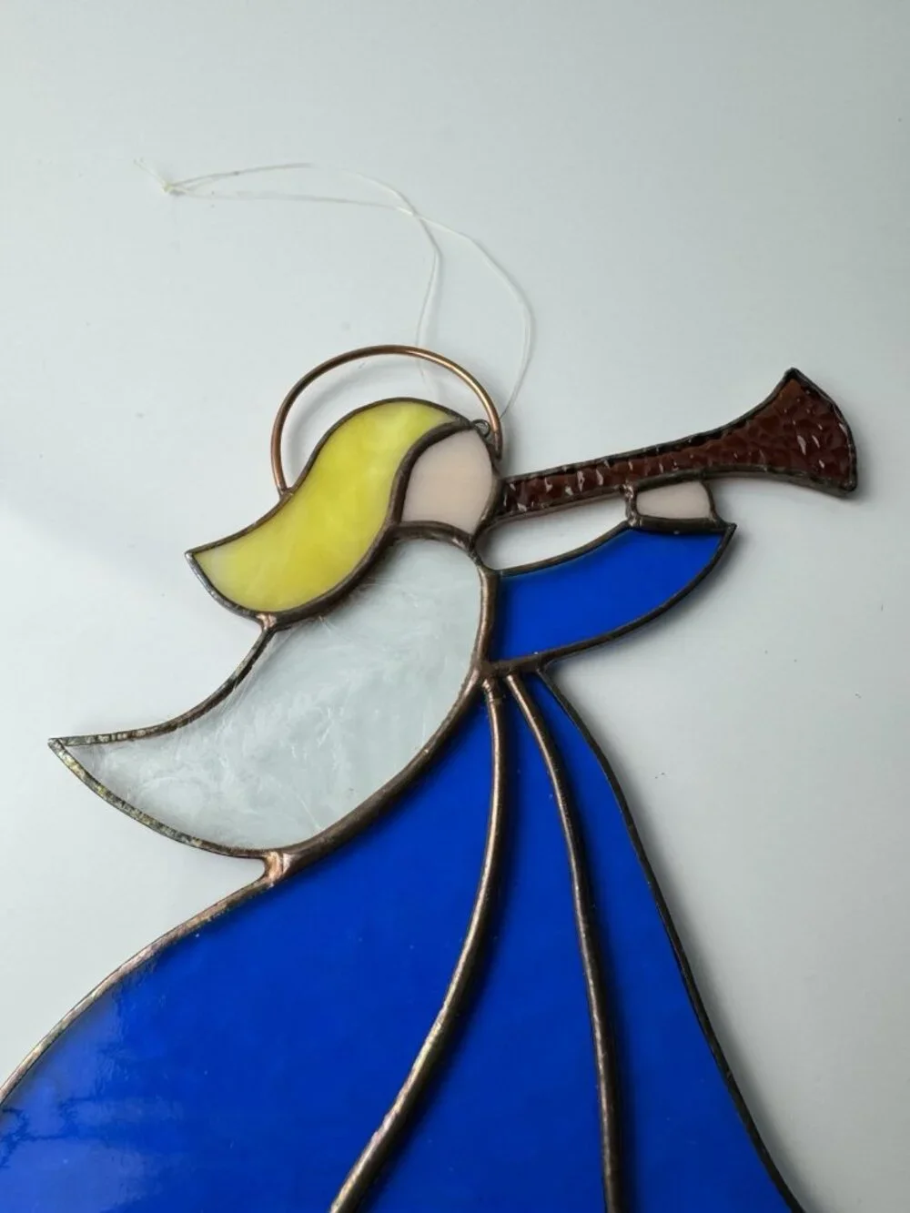 VTG Stained Glass Sun Catcher Angel w/Horn Ornament Handcrafted Christmas 9.5”